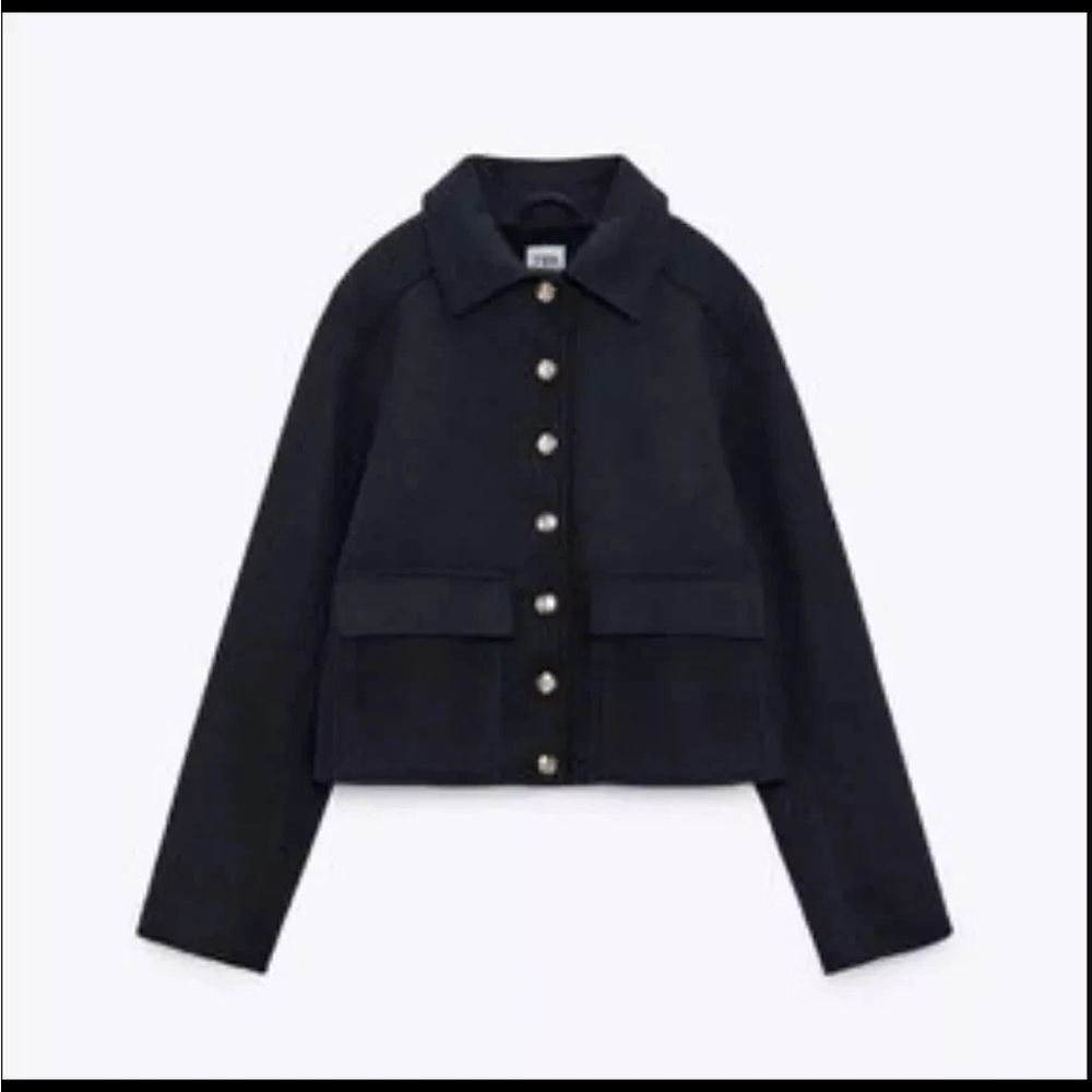 ZARA soft cropped navy gold button military style jacket blazer NWOT - Picture 3 of 9